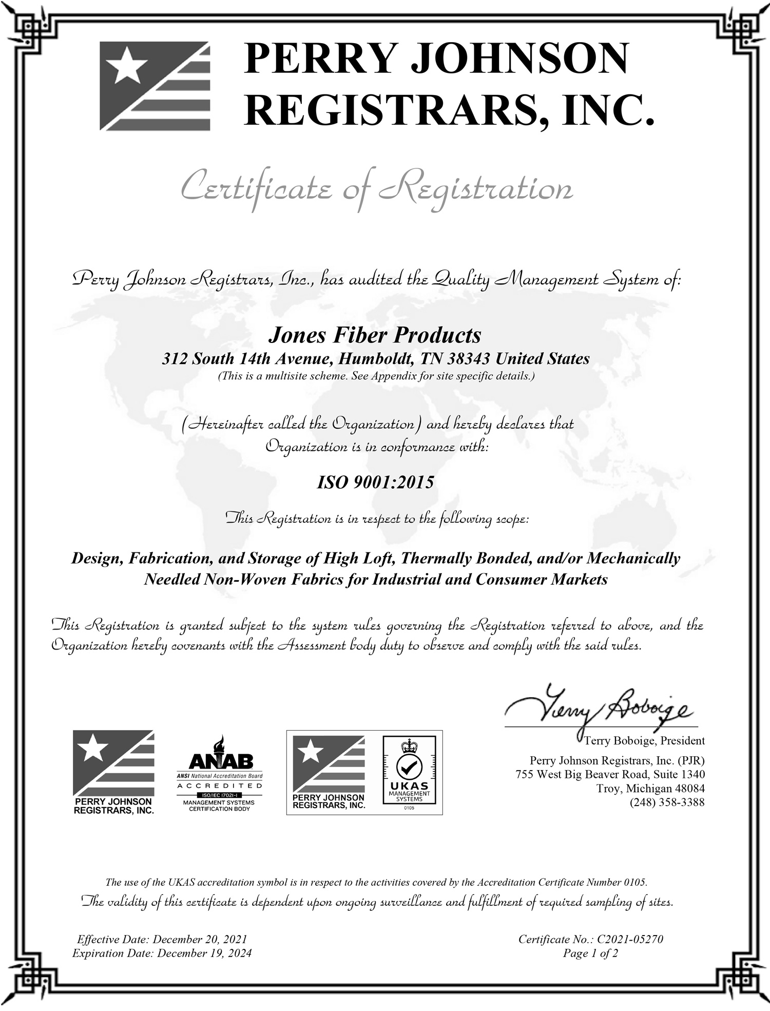 Jones Fiber Products ISO certificate 2022